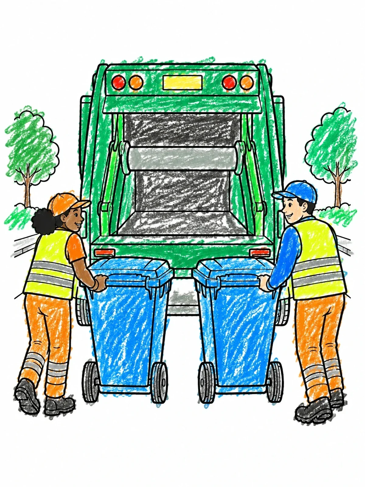 Colored example of the Sanitation Workers And Garbage Truck coloring page