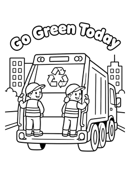 Two friendly sanitation workers stand on a recycling coloring page truck.
