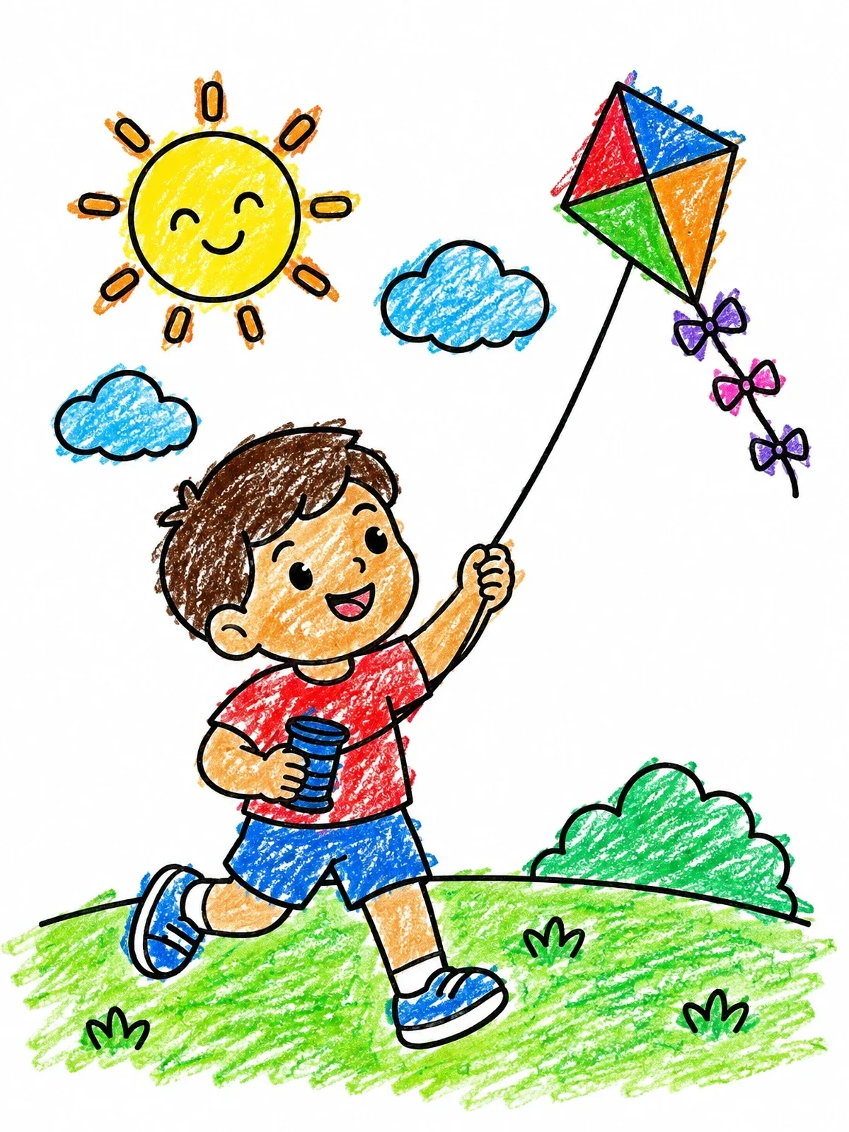 Colored example of the Boy Flying Kite On Sunny Day coloring page