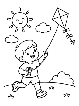 Free printable Boy Flying Kite On Sunny Day coloring page