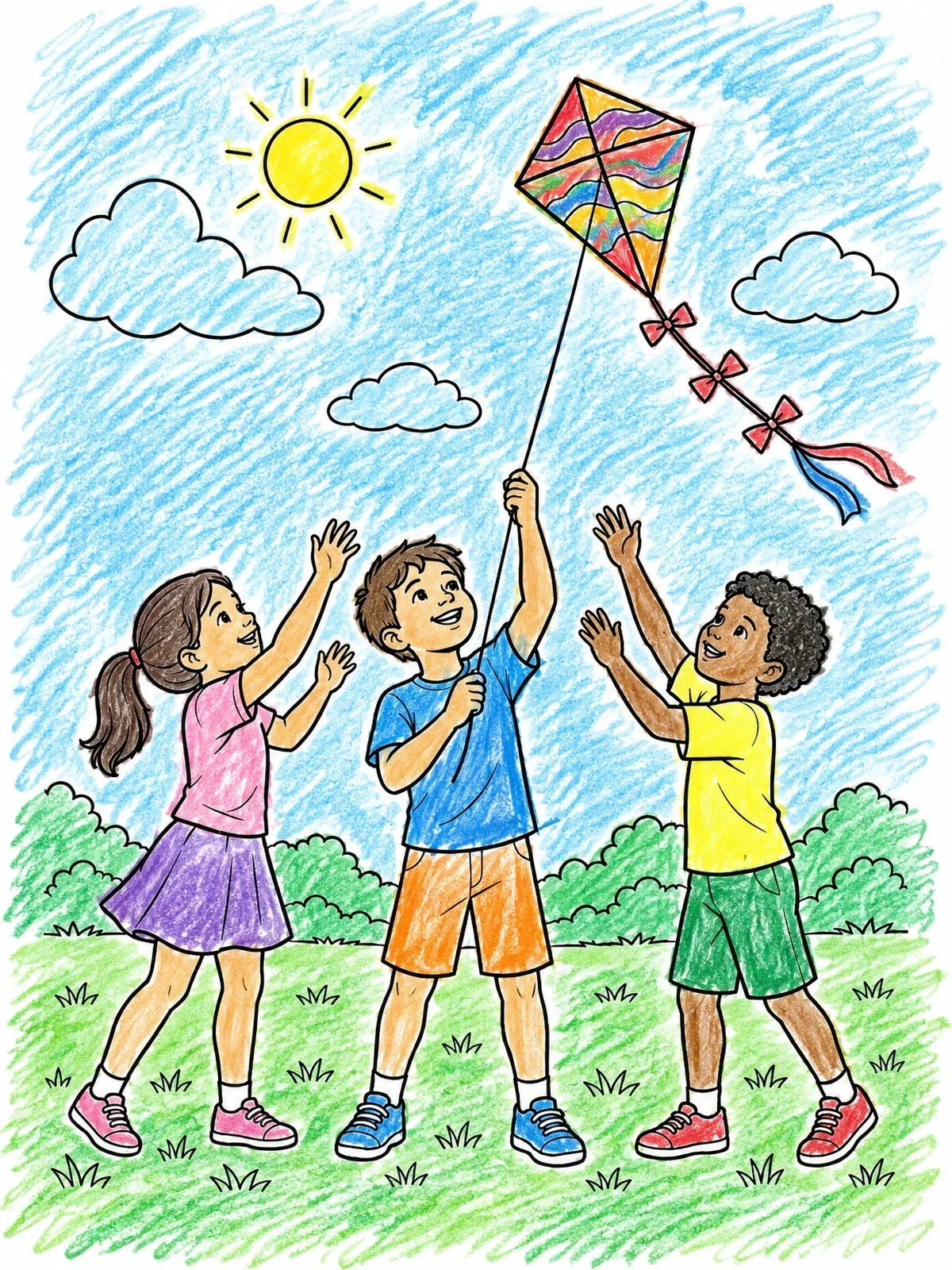 Colored example of the Children Flying A Kite Together coloring page