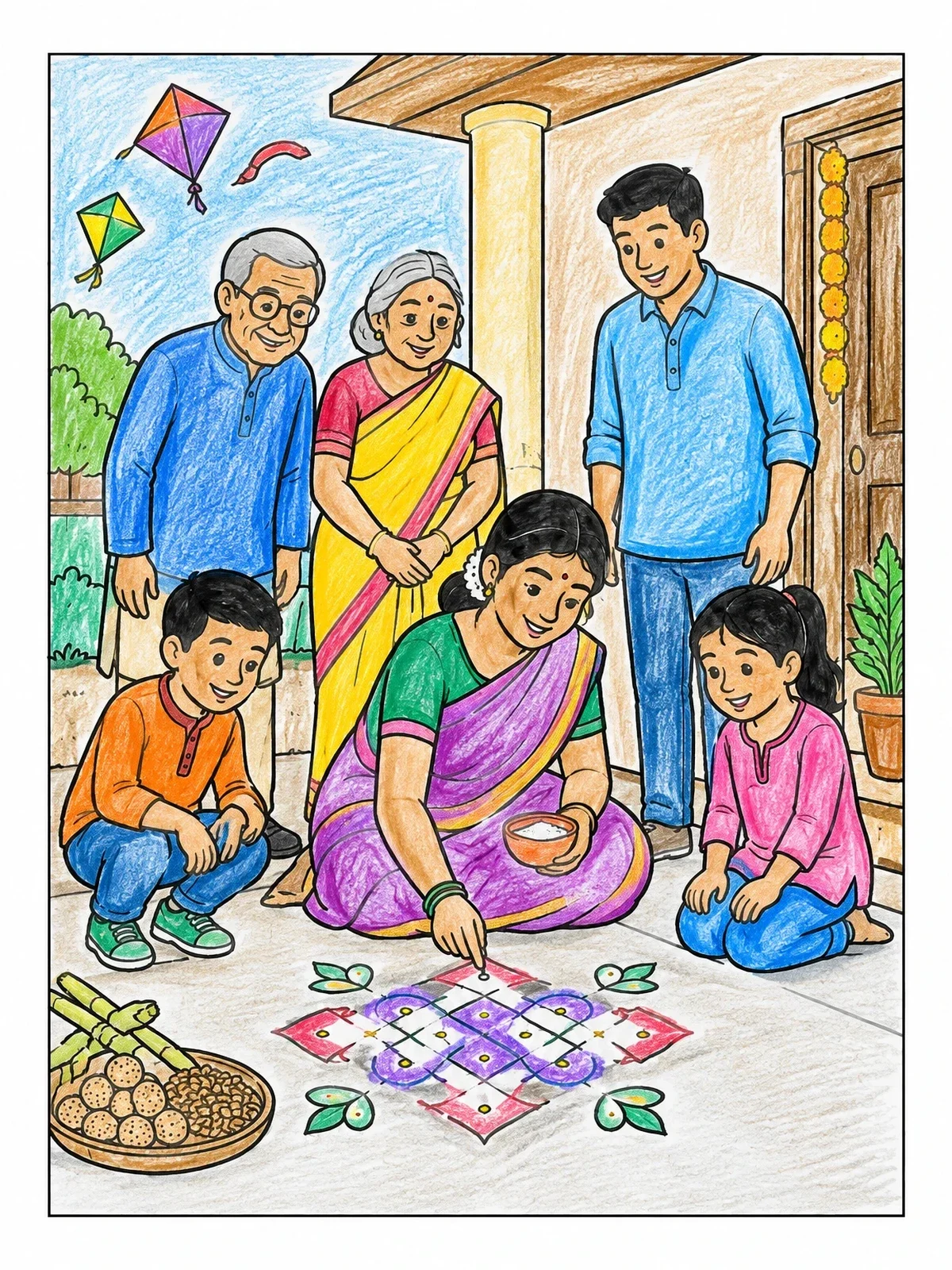 Colored example of the Family Making A Festive Rangoli coloring page
