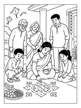 Free printable Family Making A Festive Rangoli coloring page