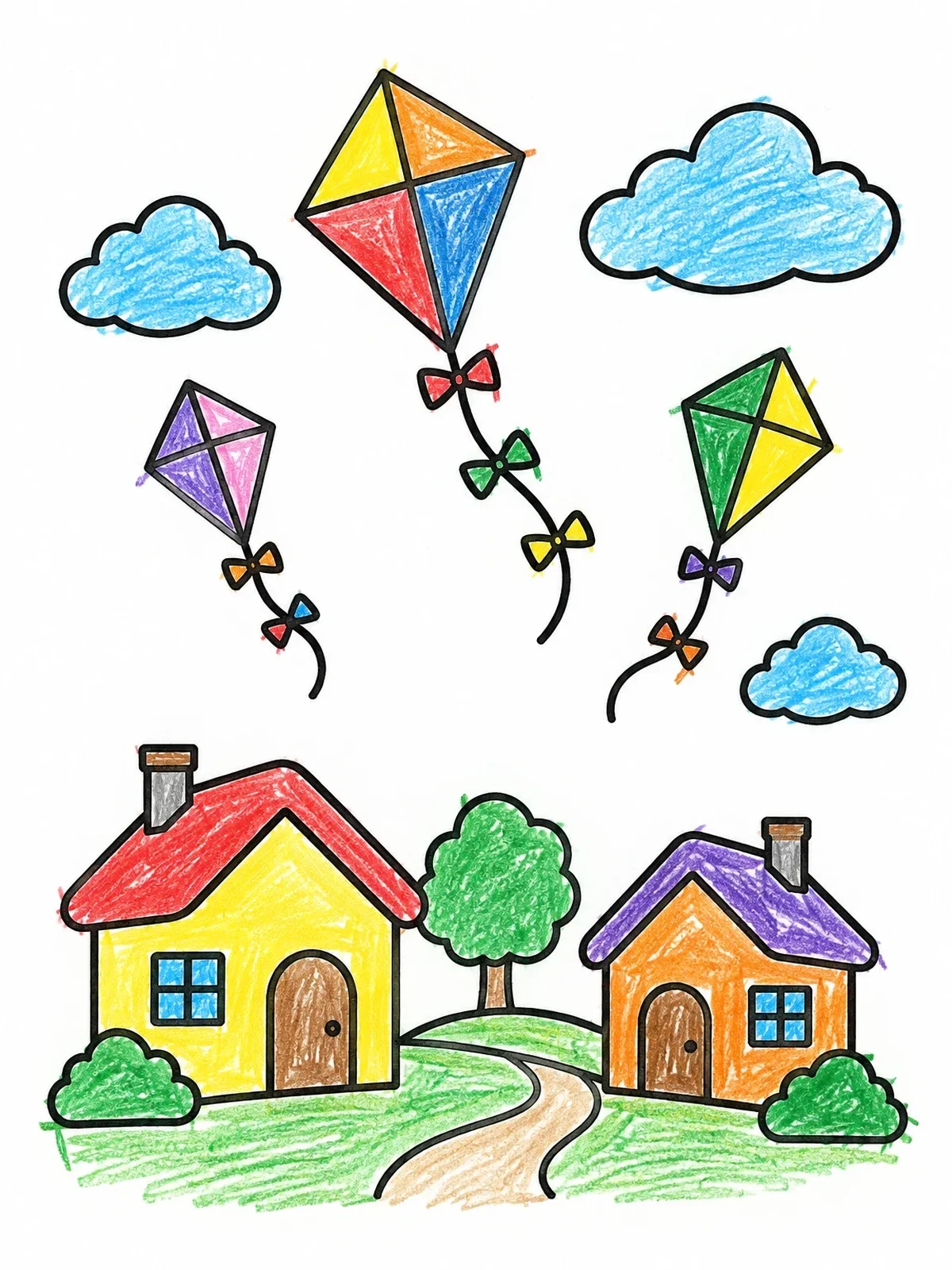 Colored example of the Kites Flying Over Village Houses coloring page