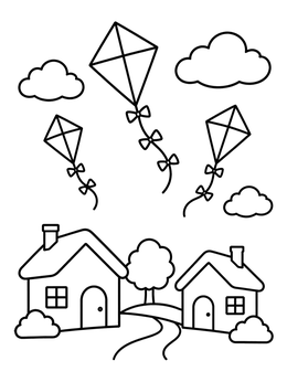Free printable Kites Flying Over Village Houses coloring page
