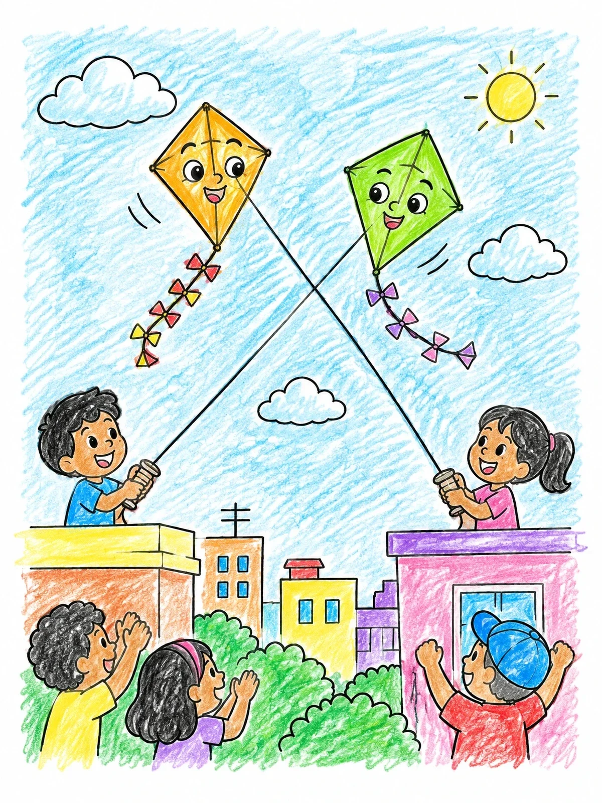 Colored example of the Rooftop Kite Flying Festival coloring page