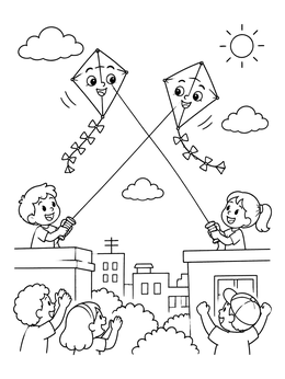 Free printable Rooftop Kite Flying Festival coloring page