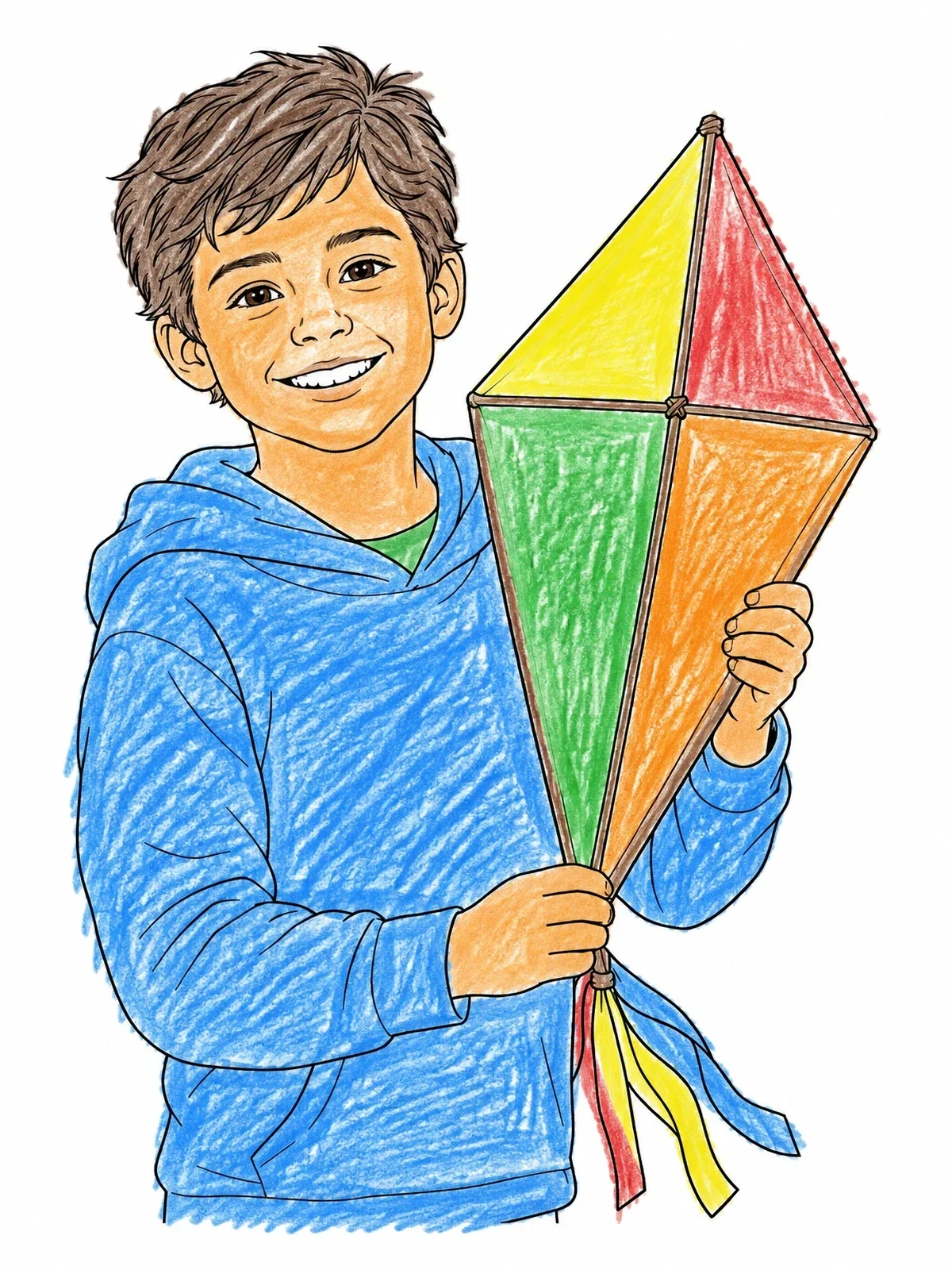 Colored example of the Smiling Boy Holding A Diamond Kite coloring page