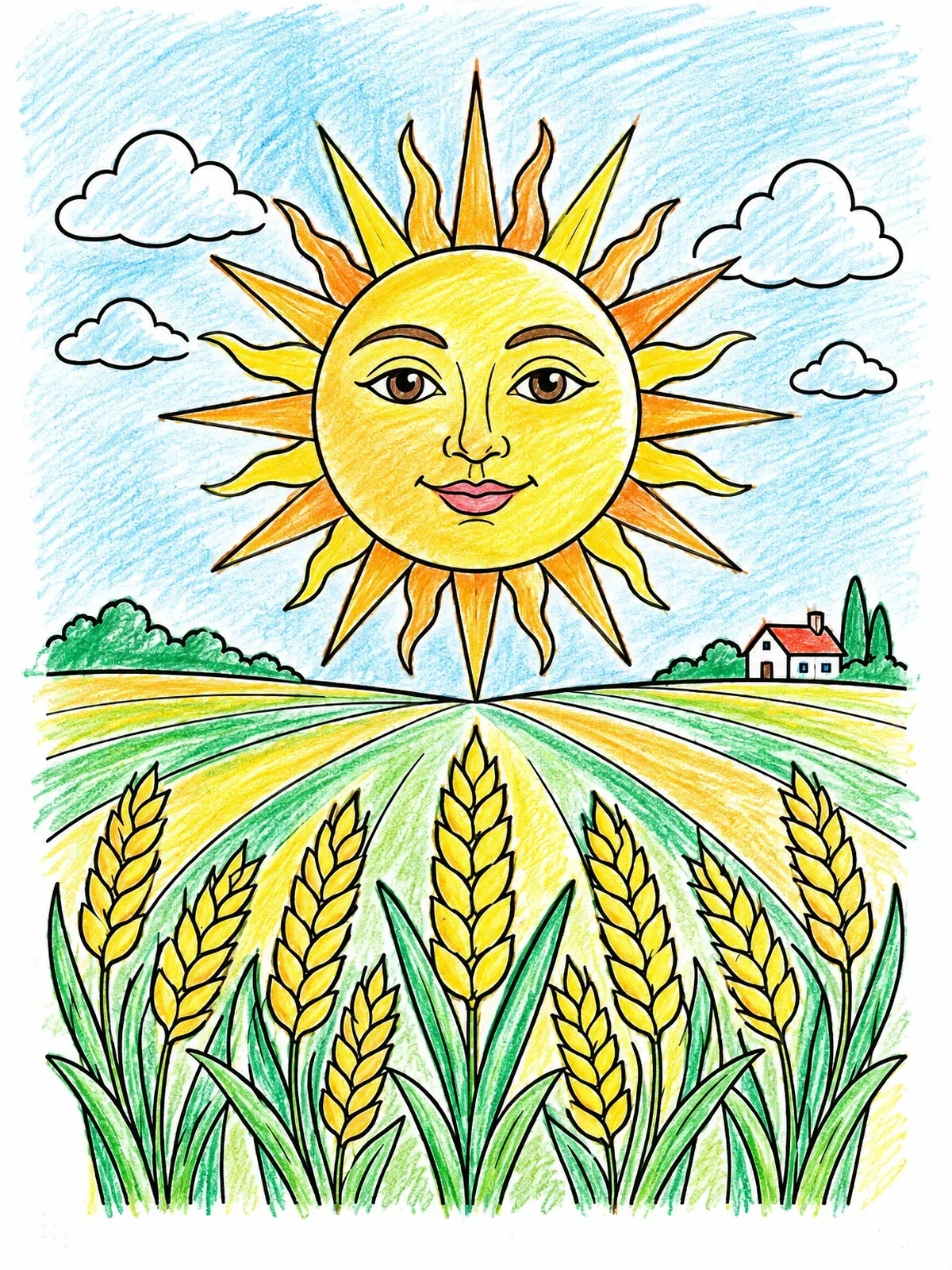 Colored example of the Sun Rising Over Wheat Fields coloring page