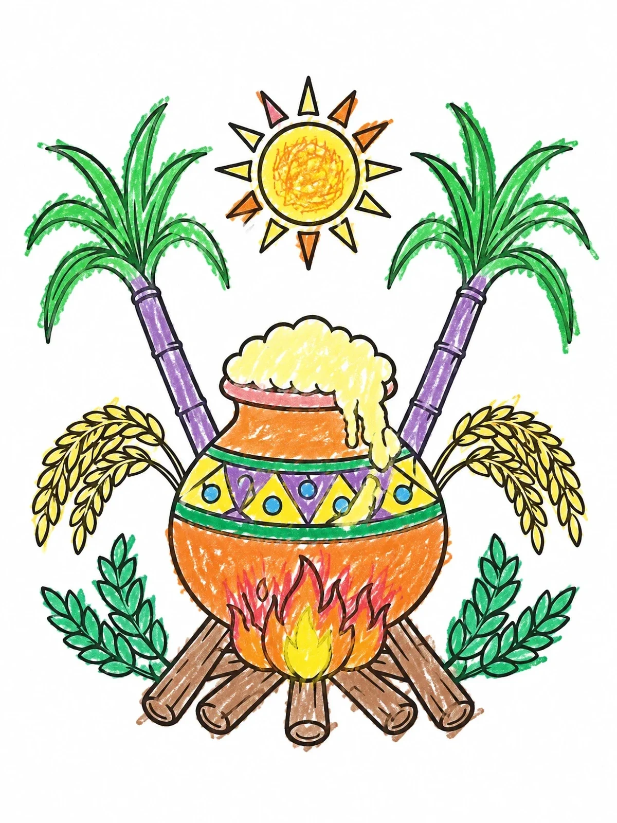 Colored example of the Traditional Pongal Pot And Sugarcane coloring page