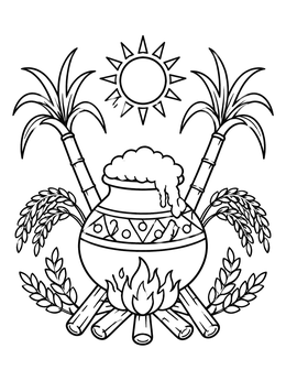 Free printable Traditional Pongal Pot And Sugarcane coloring page