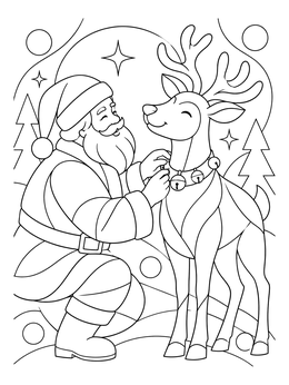 A smiling Santa coloring page showing him adjusting a bell collar on a happy reindeer.