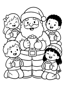 Free printable Santa And Children With Hot Cocoa coloring page
