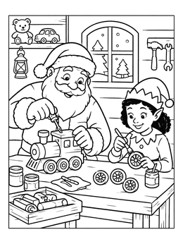 A cheerful santa and elf coloring page showing them building a wooden toy train inside the workshop.