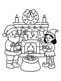 Santa and elf coloring page showing them filling Christmas stockings by a cozy fireplace.