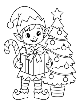A cheerful helper beside a decorated tree in this santa and elf coloring page.