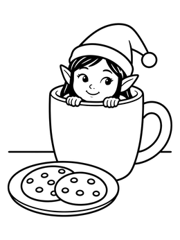 A cute holiday elf peeks out from a large mug beside cookies on this santa and elf coloring page.