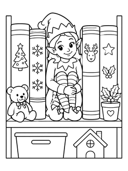 A cheerful holiday elf sits nestled among books in this santa and elf coloring page.