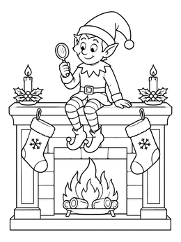 A cheerful elf sits on a mantel in this santa and elf coloring page.