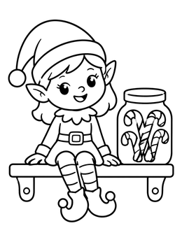 A cheerful elf sitting beside a candy cane jar on this santa and elf coloring page.