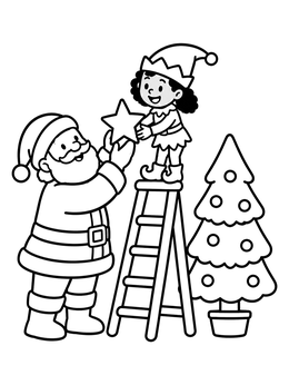 Santa and elf coloring page showing an elf on a ladder decorating a tree.