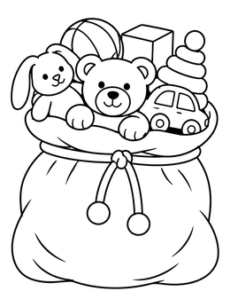 A cheerful santa and elf coloring page featuring a sack filled with a teddy bear, bunny, and toys.