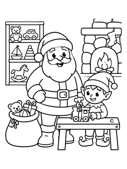 A cheerful santa and elf coloring page in a cozy workshop with toys and a fireplace.