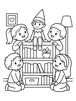 Children gathering around a shelf in this santa and elf coloring page.
