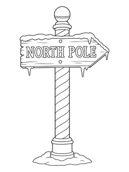 A festive santa and elf coloring page showing a wooden North Pole directional post covered in snow.