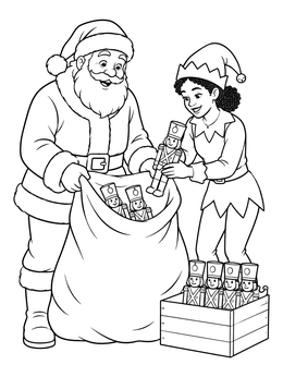 A cheerful santa and elf coloring page showing them packing toy nutcracker soldiers into a gift sack.