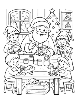 Festive santa and elf coloring page showing Santa, elves, and children painting toys together.