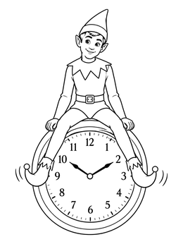A cheerful scout elf sits swinging his feet in this santa and elf coloring page.