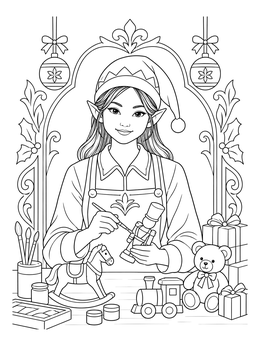 An elf painting a nutcracker in this santa and elf coloring page.