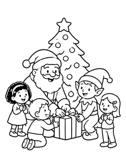 Children gathering around a gift in this santa and elf coloring page.