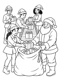 Santa and elves pack gifts on this santa and elf coloring page.