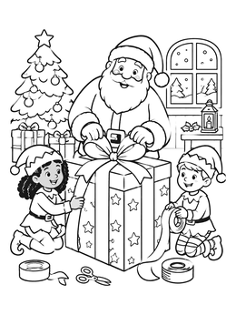 Festive santa and elf coloring page featuring two elves helping wrap a giant present.