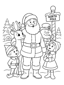 Enjoy this santa claus is comin to town coloring page with Santa, an elf, a reindeer, and a snowman.