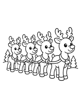 A cheerful santa and his sleigh coloring page with four cute harnessed reindeer lined up in the snow.