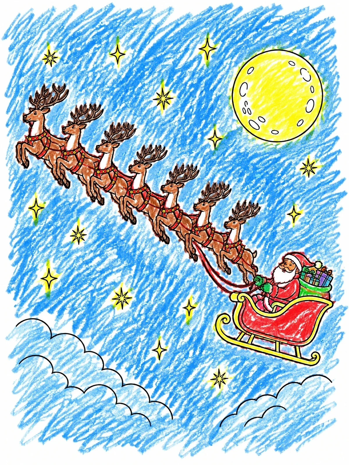 Colored example of the Santa Flying Across The Moonlit Sky coloring page