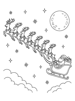 A delightful santa and his sleigh coloring page featuring reindeer flying past a full moon.