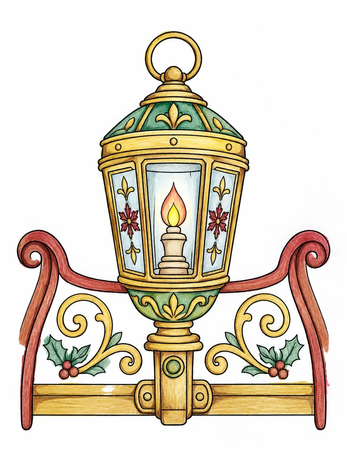 Colored example of the Vintage Sleigh Lantern And Scrollwork coloring page