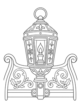 An ornate lantern mounted on a frame in this santa and his sleigh coloring page.