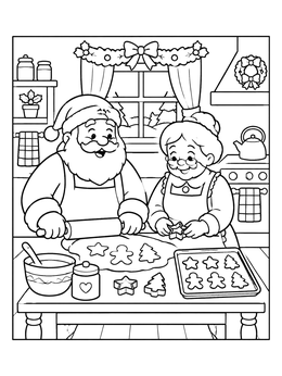 Santa and Mrs. Claus make cookies in this warm santa claus coloring page.