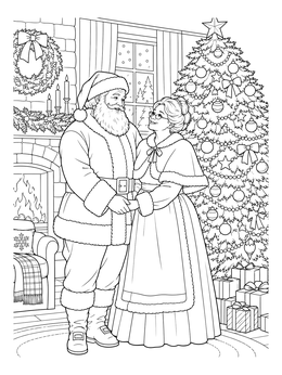 Santa Claus and Mrs. Claus hold hands by a tree in this santa claus coloring page.