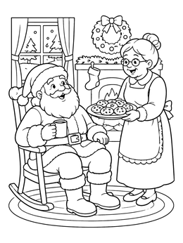 Cozy santa claus coloring page with Mrs Claus serving fresh cookies by the fireplace.