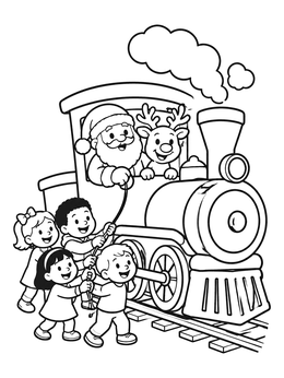 A cheerful christmas train coloring page with Santa, a cute reindeer, and excited children.