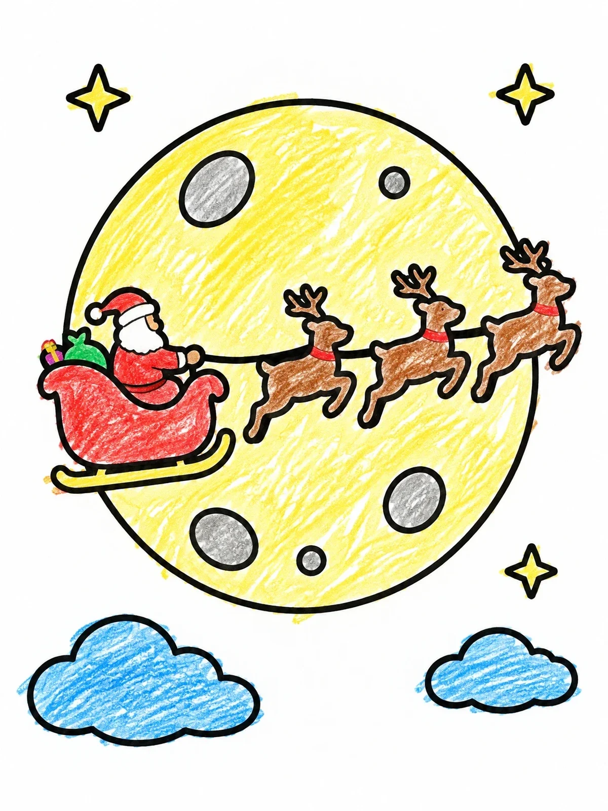 Colored example of the Santa Flying Past The Moon coloring page