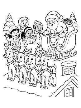 A festive santa claus coloring page with smiling reindeer, Santa in his sleigh, and excited kids.