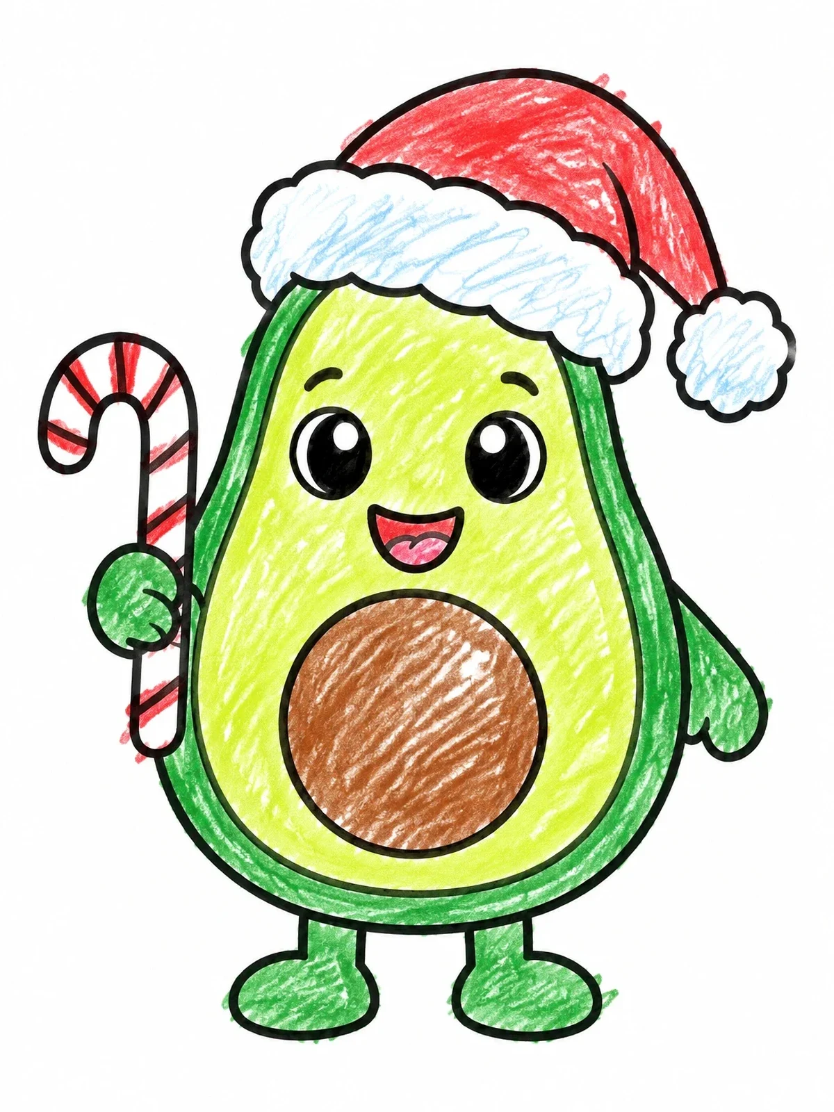 Colored example of the Santa Avocado With Candy Cane coloring page