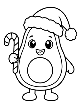 A cute holiday avocado coloring page wearing a Santa hat and holding a candy cane.